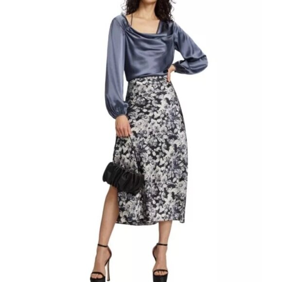 Cinq à Sept 'Photo Real Adis' Floral-Print Silk Midi-Skirt, Slate Multi - Picture 2 of 3